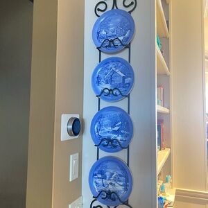 4 WINTER SCENES Vintage 8 1/8" Blue & White Collector Plates Made Midcentury